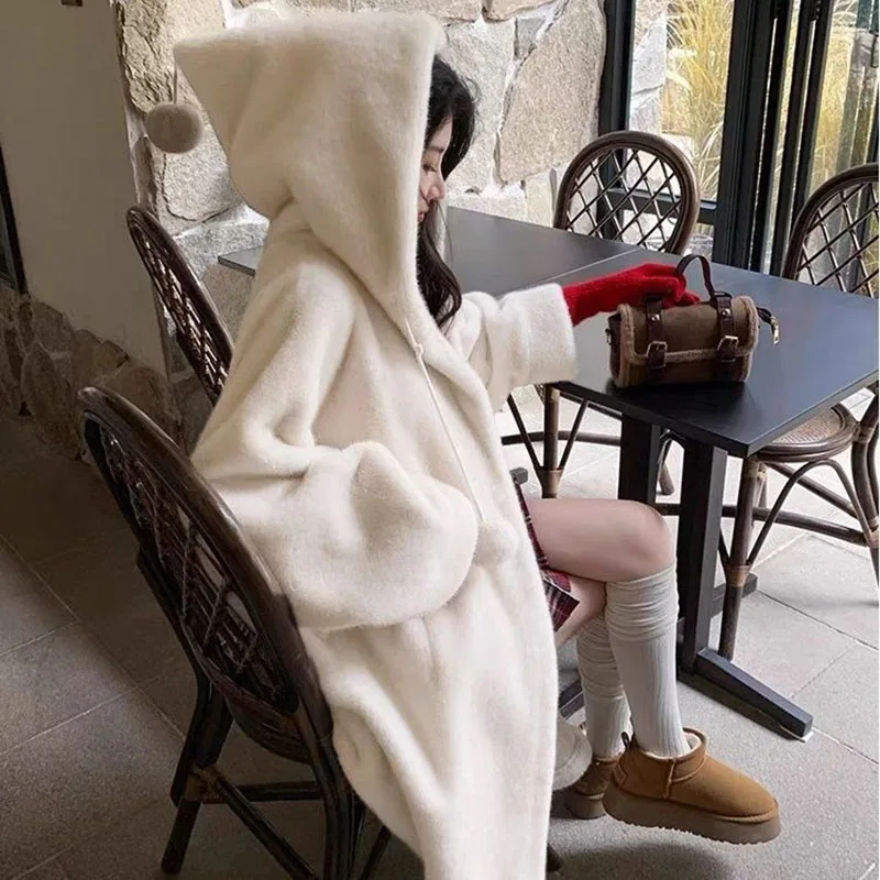 Otoño Invierno con capucha imitación visón chaqueta de felpa abrigo suelto largo lana imitación piel ecológico grueso cálido Parker abrigo JJ297