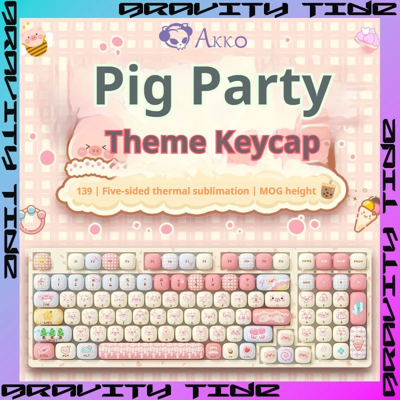 Mog Keycaps Piggy Party Theme Moa Pbt Mao Keycaps Cute Cartoon Keyboard Keycaps Valentine'S Day Gift 140 Layout Full 138 142 Key