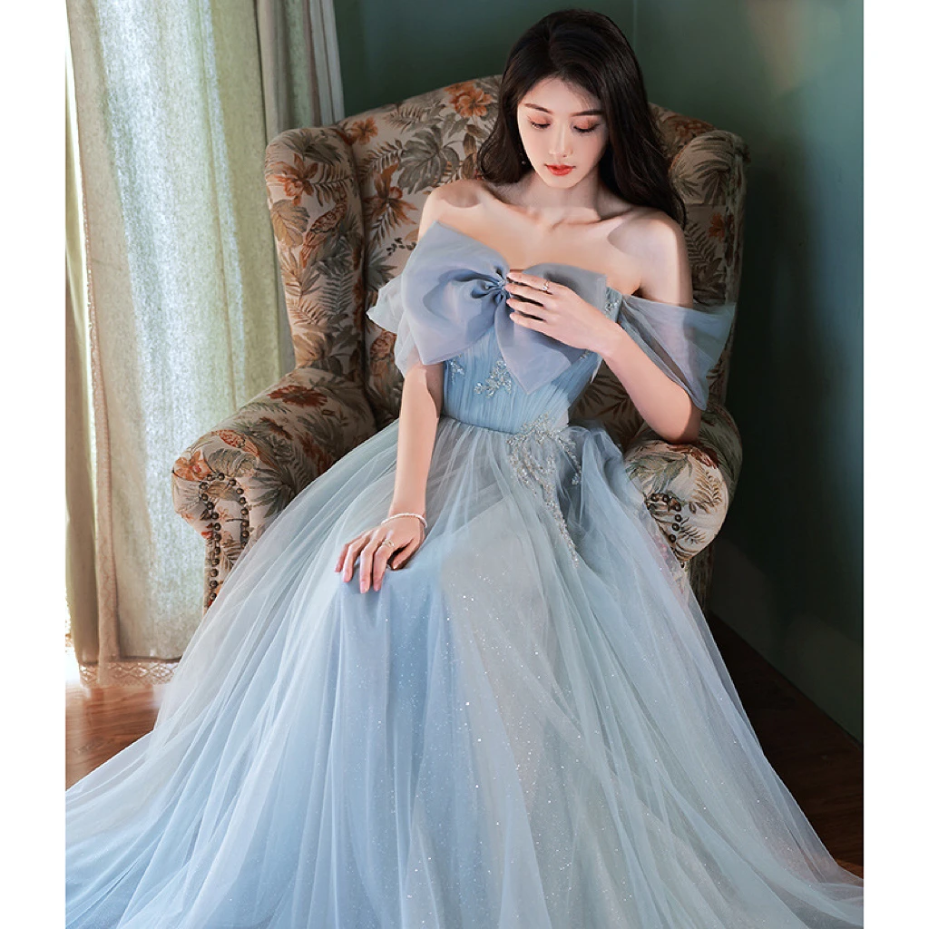 Blue Elegant Evening Dresses Off the Shoulder Beading Applique Elegant Long Bow Tulle Birthday Wedding Bridesmaid Party Gowns