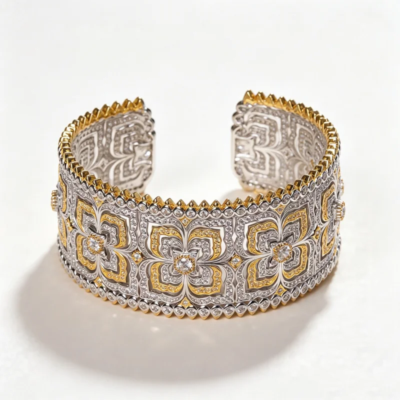 Bellux Italian Style Synthetic Zircon Wide Bracelet 925 Silver Gold Plated Vintage Hollow Four Leaf Flower Open Bangle