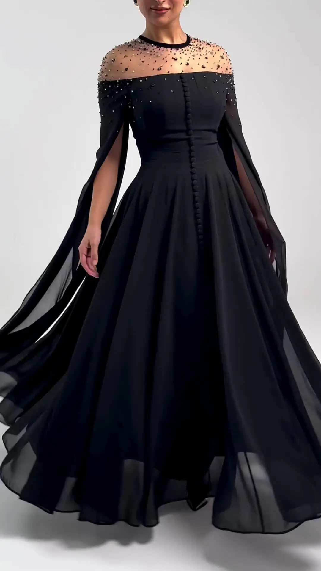 

Vintage Long Sleeves O-Neck Black Prom Dresses Beaded Chiffon Party Gowns Robes de soirée Floor Length Evening Dresses