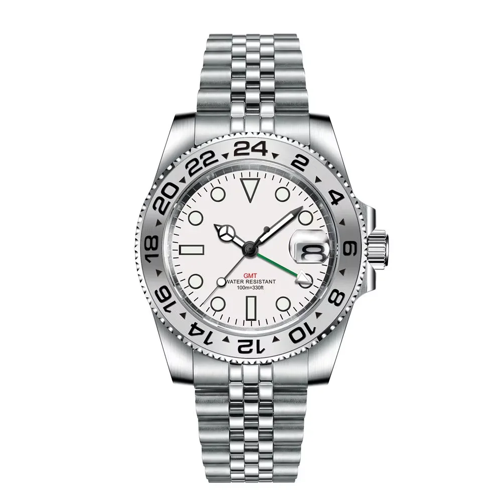 Corgeut 40mm 515 GMT Quartz Wristwatch Stainless Steel Waterproof Luxury Men Watches White Sapphire Glass Reloj Hombre