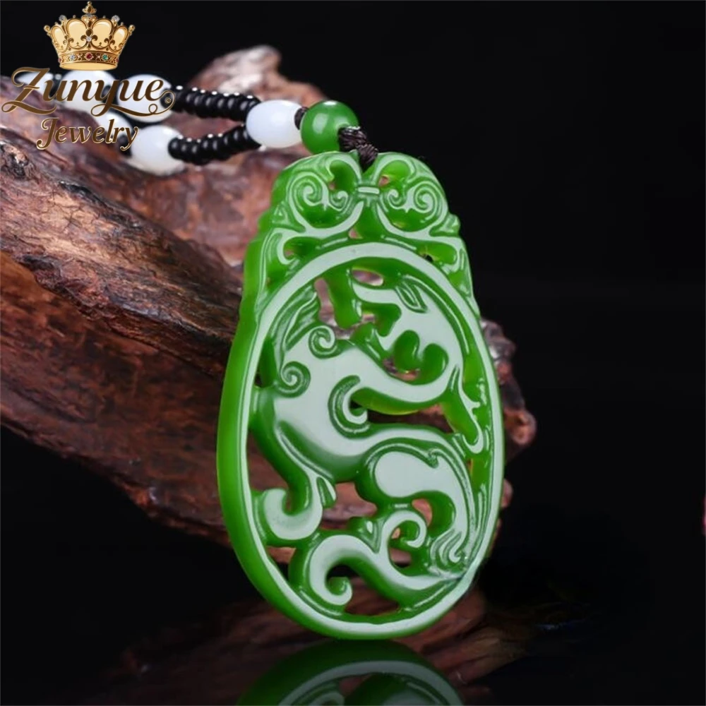

Natural Hetian Jade Spinach Green Hollowed-Out Zodiac Dragon Pendant Luxury Quality Jewelry Fashion Jewelry Exquisite Charms