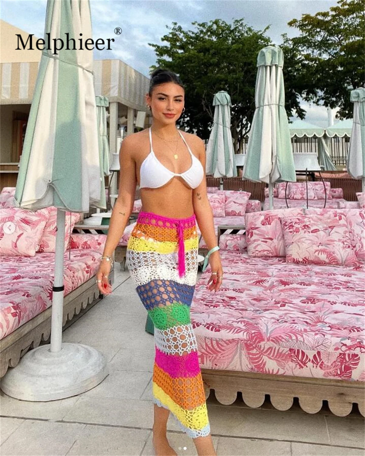 Melphieer Mehrfarbiger Häkel-Maxirock für Damen, Einheitsgröße, verstellbar, atemberaubender Häkel-Bikini-Vertuschung, Mädchen-Multi-Strandrock