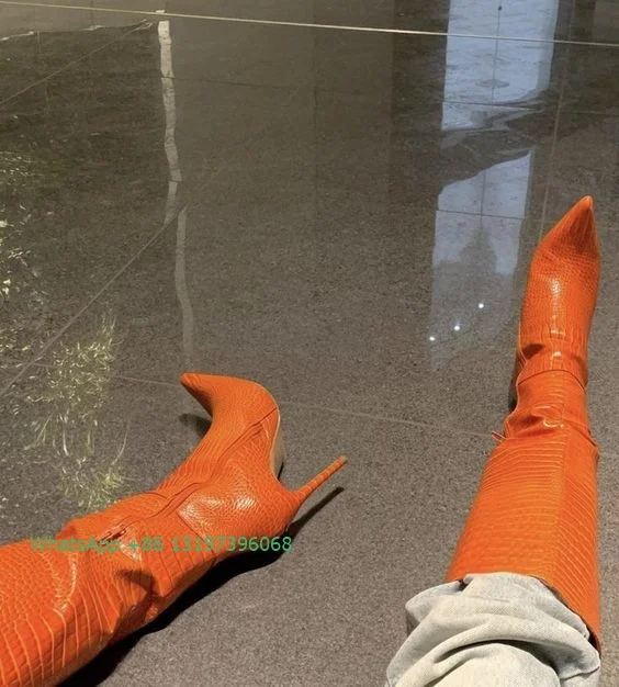 

Lady sexy orange pointed toe stone pattern boots punk summer spring new arrive knee boots large size side zip design footwear 43