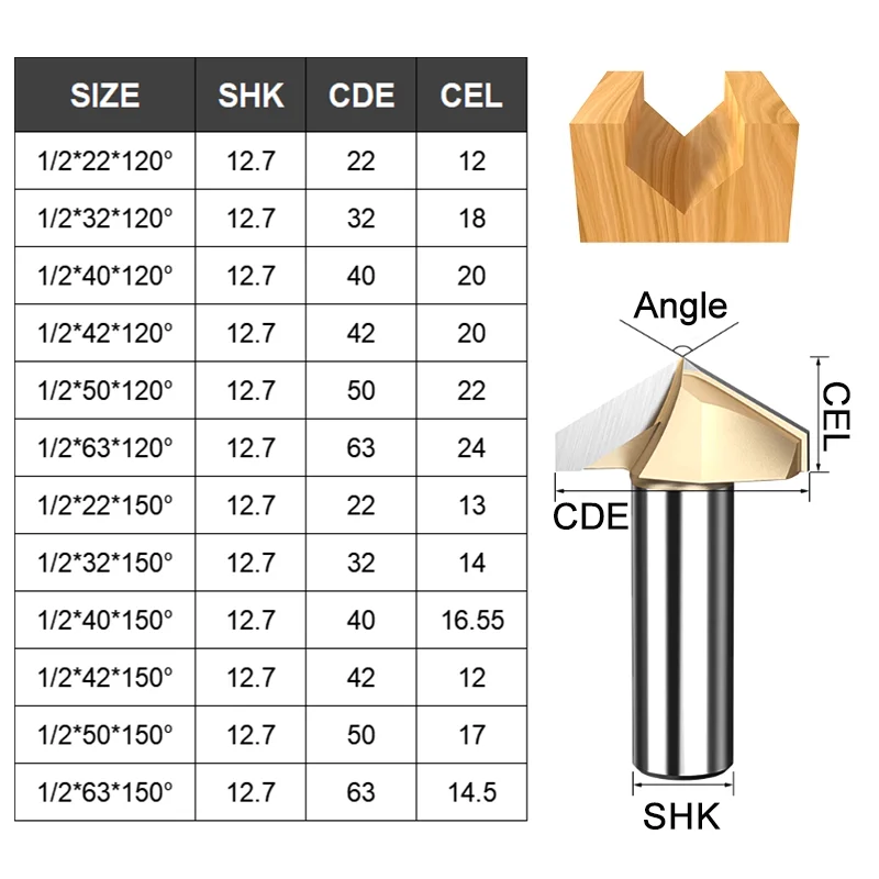 120 150 gradi V Bit 1/2 gambo in metallo duro strumenti per la lavorazione del legno V scanalatura intaglio punta del router incisione scanalatura taglierina per legno MDF