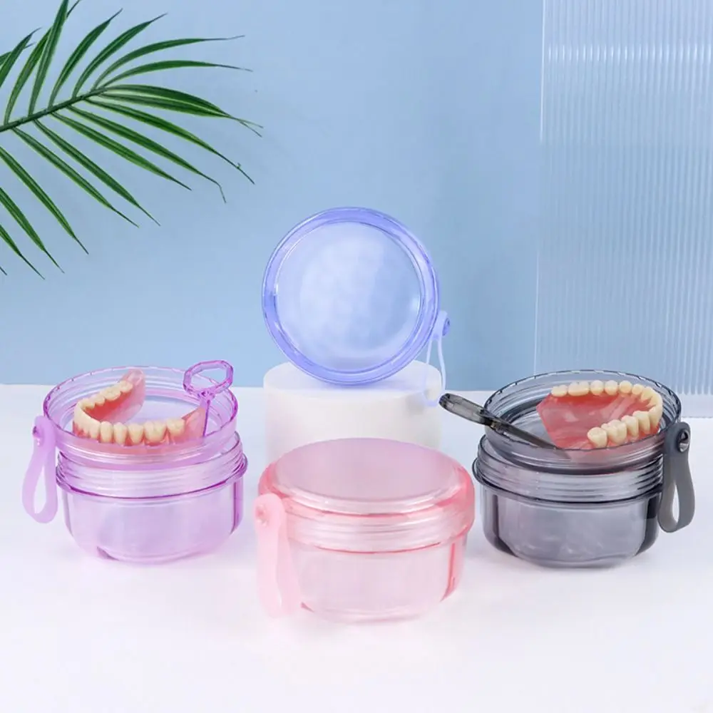 

Impact-resistant Denture Cleaning Box Leakproof Food Grade Braces Storage Case Silicone Handle Double Layer False Teeth Holder