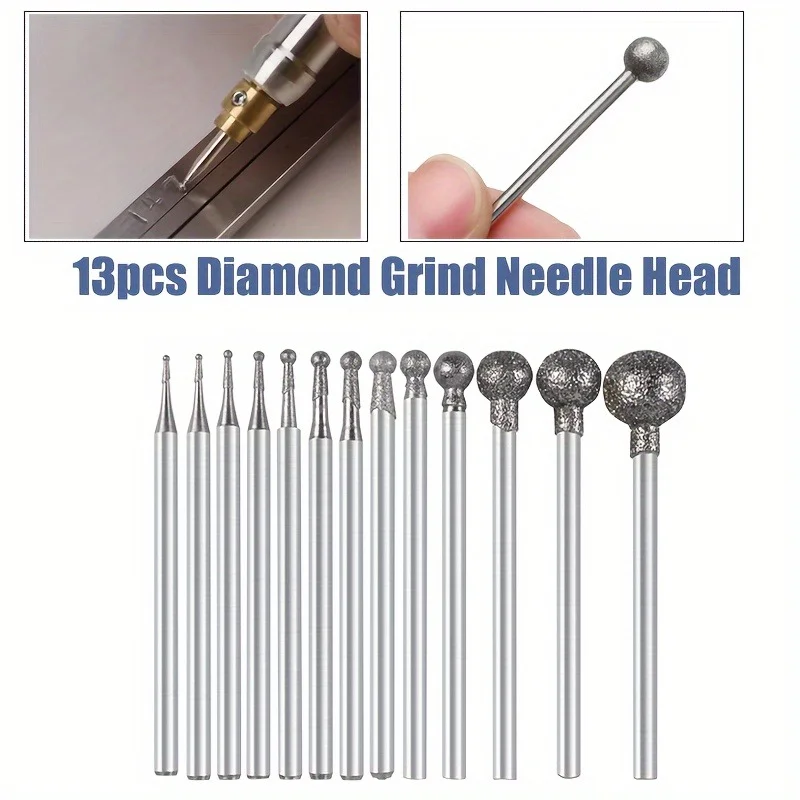 13pc Jewelry Engraving Tool Rotary Burr Set Spherical Diamond Grinding Head 2.35mm Shank for Jade Stone Carving Polishing