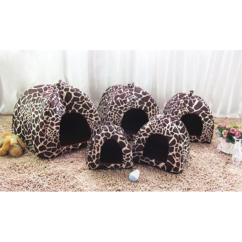 

Soft Cotton Sponge Pet Bed House For Dogs Cats Anti-Slip Detachable Comfortable Puppy Tent Leopard Pattern Dome Shape Cloth