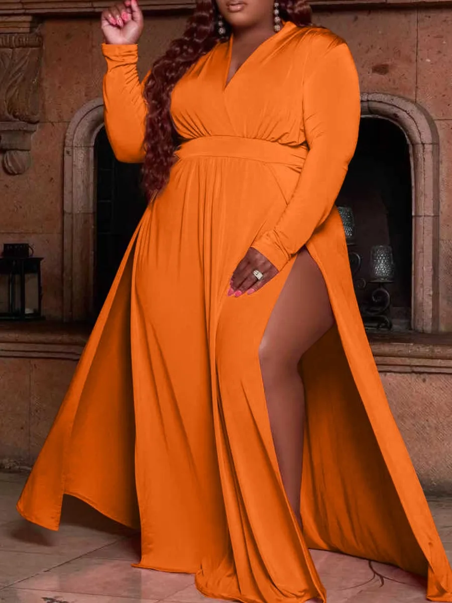 LW Plus Size dresses long sleeve V Neck Thigh Split Loose Dress solid ankle length Elegant party Evening maxi dress vestido