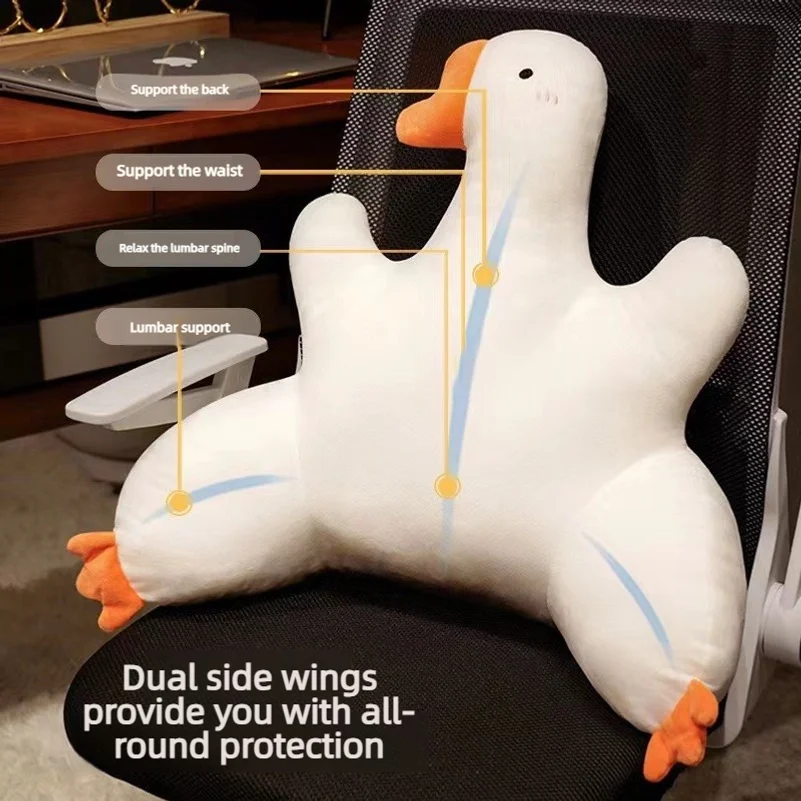 Large goose-shaped office lumbar support cushion, designed for prolonged sitting, providing back support for chairs and sofas