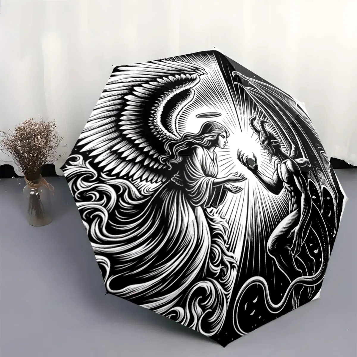 parapluie-noir-et-blanc-motif-bataille-d'anges-et-de-demons-portable-impermeable-anti-soleil-et-anti-pluie-ideal-pour-les-voyages-en-exterieur-et-la-plage
