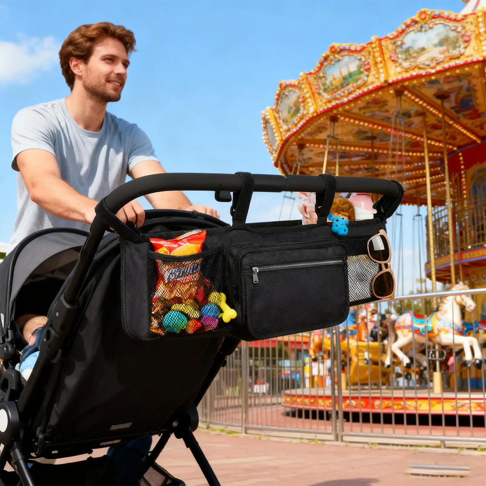 

Double Stroller Accessories Foldable Lightweight 3 Compartments Organization Stroller Organizer With Cup Holder For Travel Daily