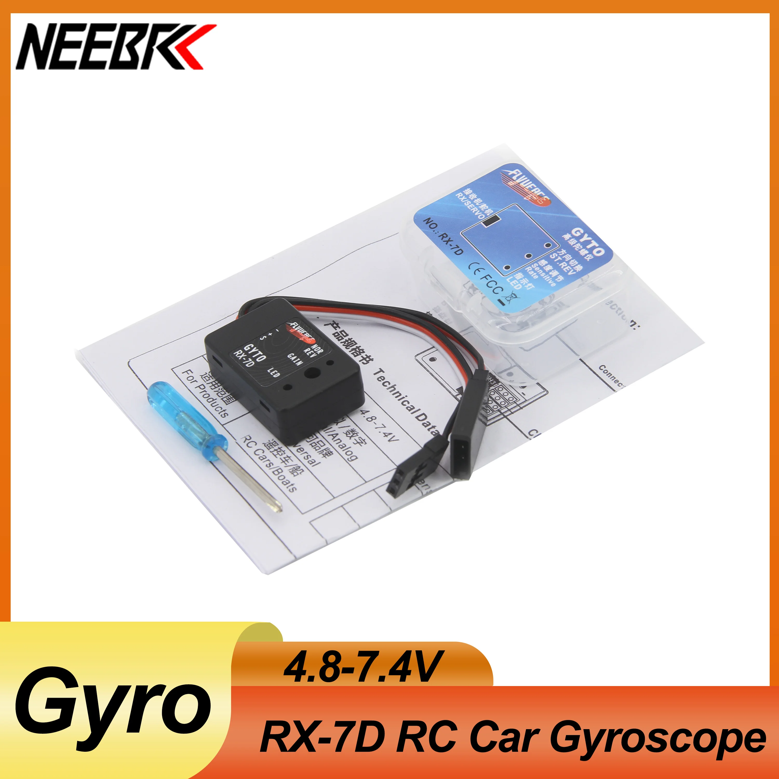 NEEBRC RX-7D Mini Gyro DC 4.8-7.4V Gyroscope for RC Car Drift Racing Vehicle Boat Digital/Analog Universal Receiver Transmitter