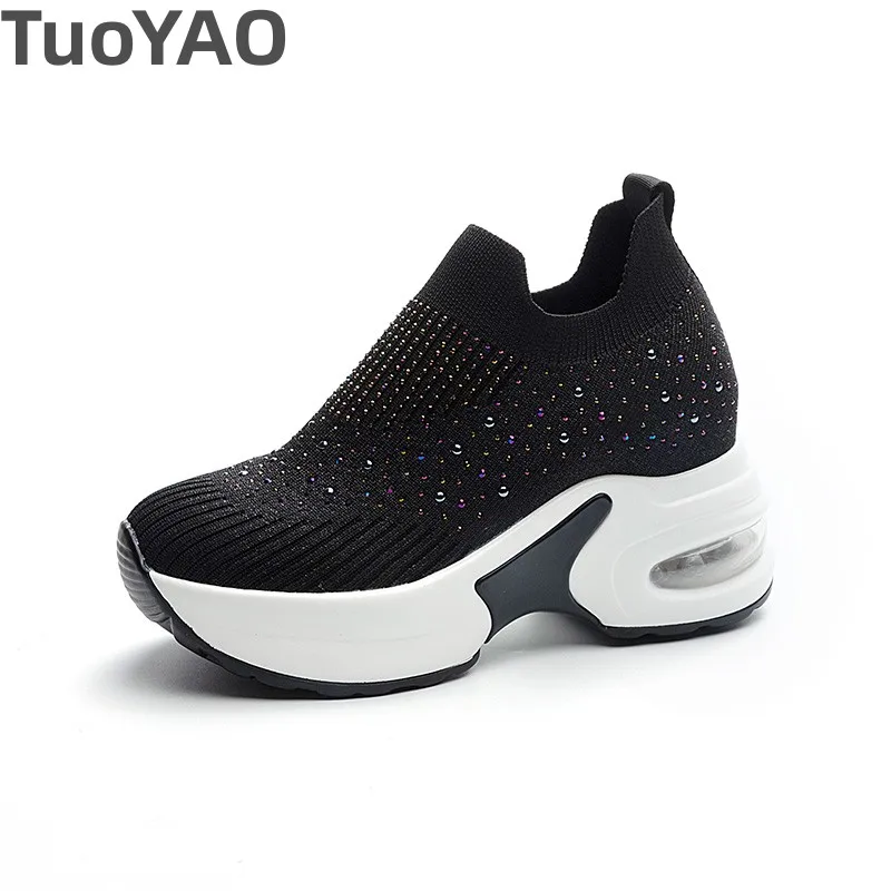 8cm Air Mesh Platform Sneakers Wedge Crystal Shoes White Black Height Increased High Heel for Women Slip on Shoes Vulcanized New