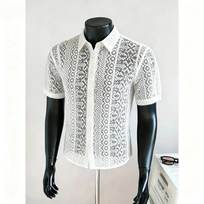 Summer Lace Hollow Short Sleeved Shirt for Men Breathable Casual Business Social Shirts Social Nightclub Party Costume 2026