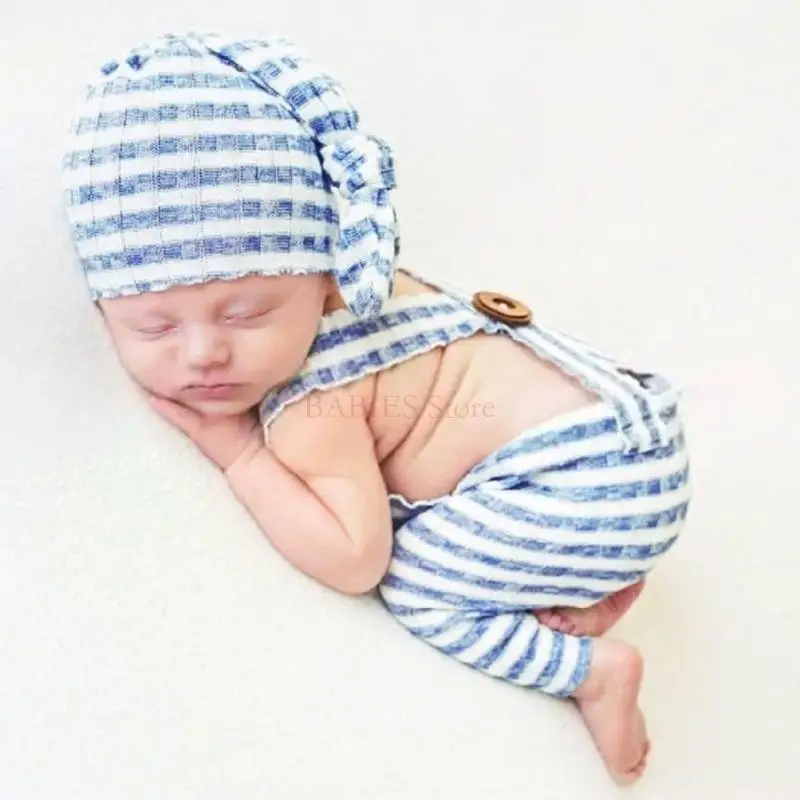 Infants Photo Shoots Apparel Set Adjustable Stripe Romper and Knotted Hat Photography Props for Baby Pictures Taking