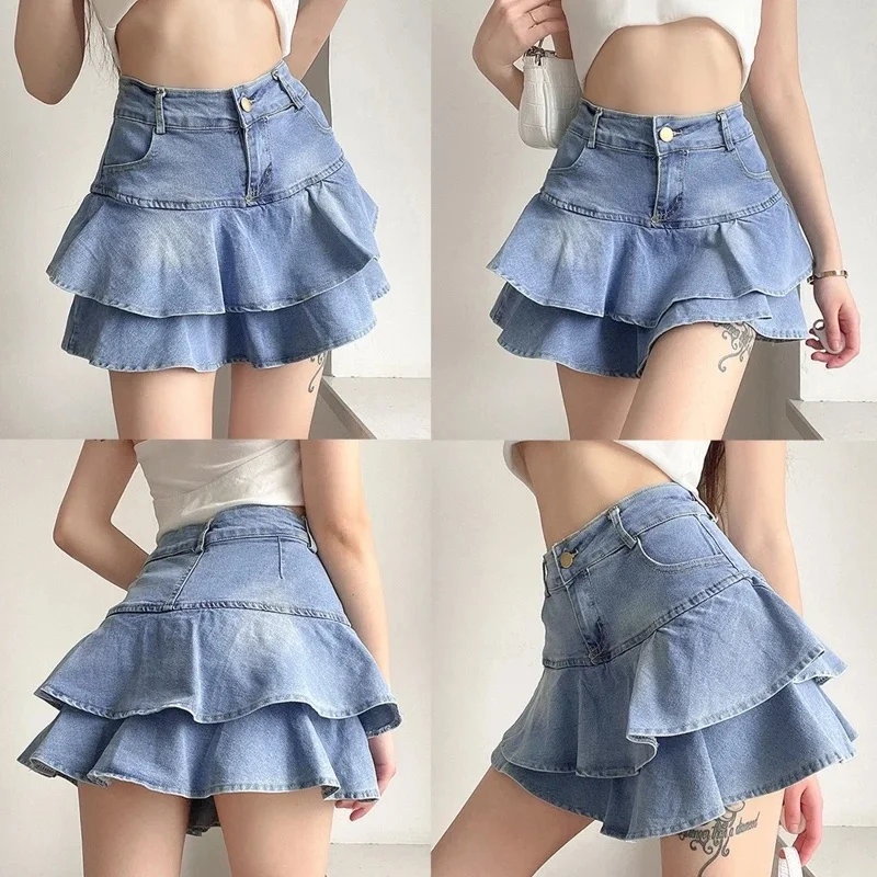 DEEPTOWN Vintage Denim Shorts Skirts Women Summer 2024 Streetwear Washed Kawaii cute sexy Ruffles Mini Jeans Saias Female