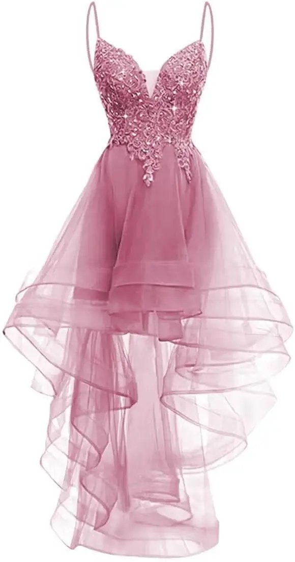 

Lace Applique Homecoming Dress Teens High Low Tulle Prom Dress with Spaghetti Straps Glitter Quinceanera Homecoming Dress