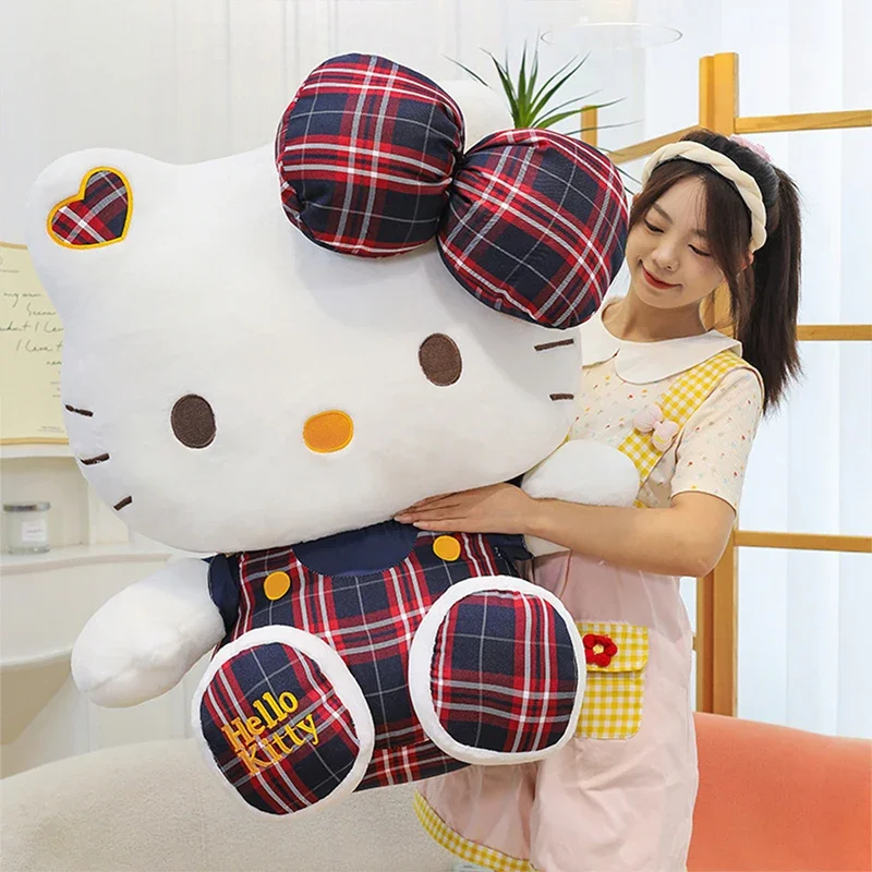 

Kawaii Sanrio HelloKitty Plush Plaything Cute Stuffed Doll School Style Sitting Pose Plaid Pattern Plushie Pillow Kids Birthday