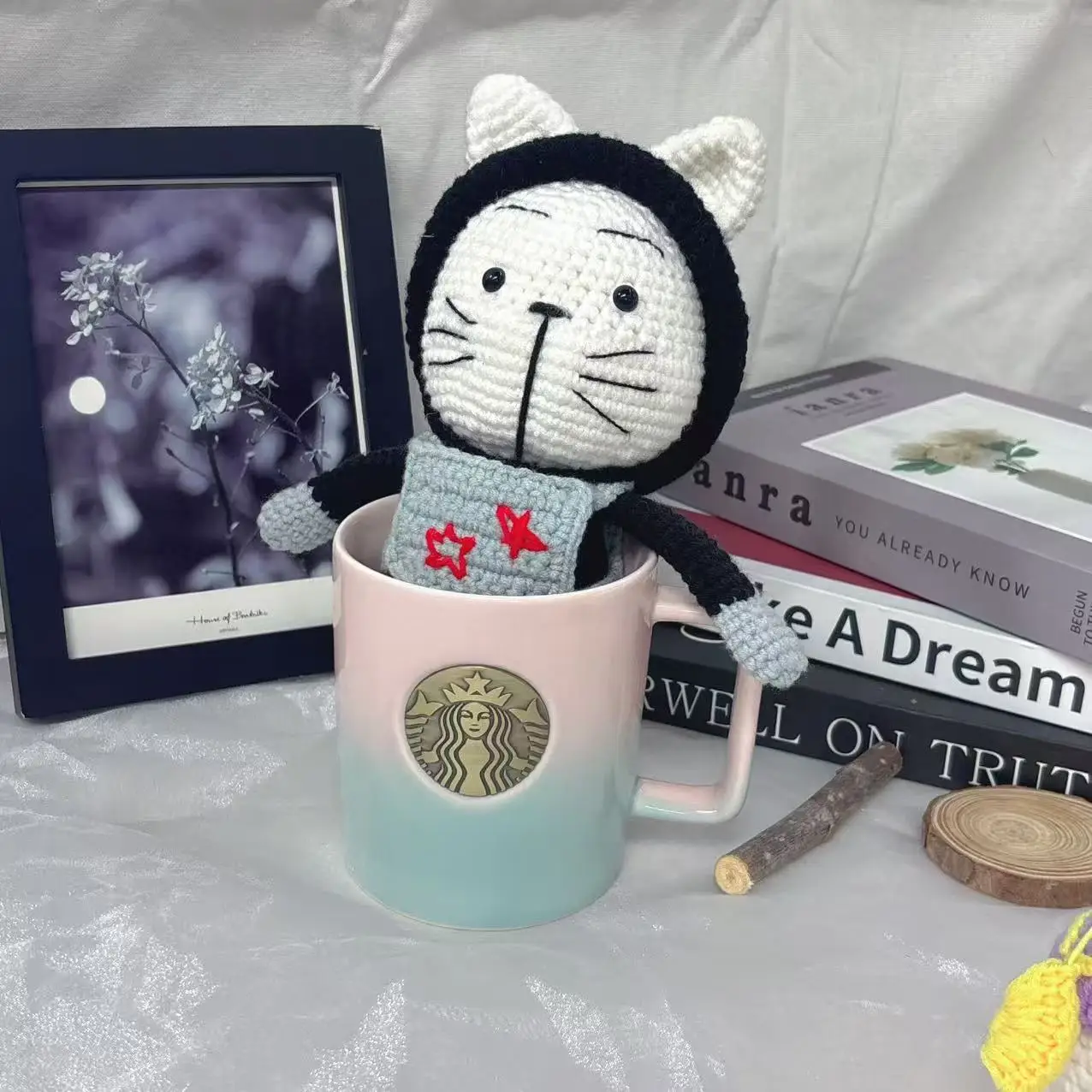 

355ml Starbucks Inspired Ceramic Mug with Pastel Pink-Blue Ombre Glaze and Antique Bronze Siren Logo