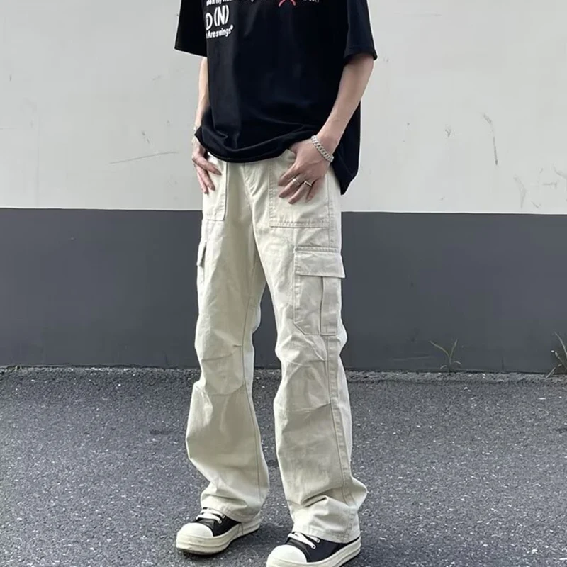 

Мужские прямые брюки-карго с несколькими карманами, повседневные свободные плиссированные корейские брюки-джоггеры, дышащие спортивные штаны