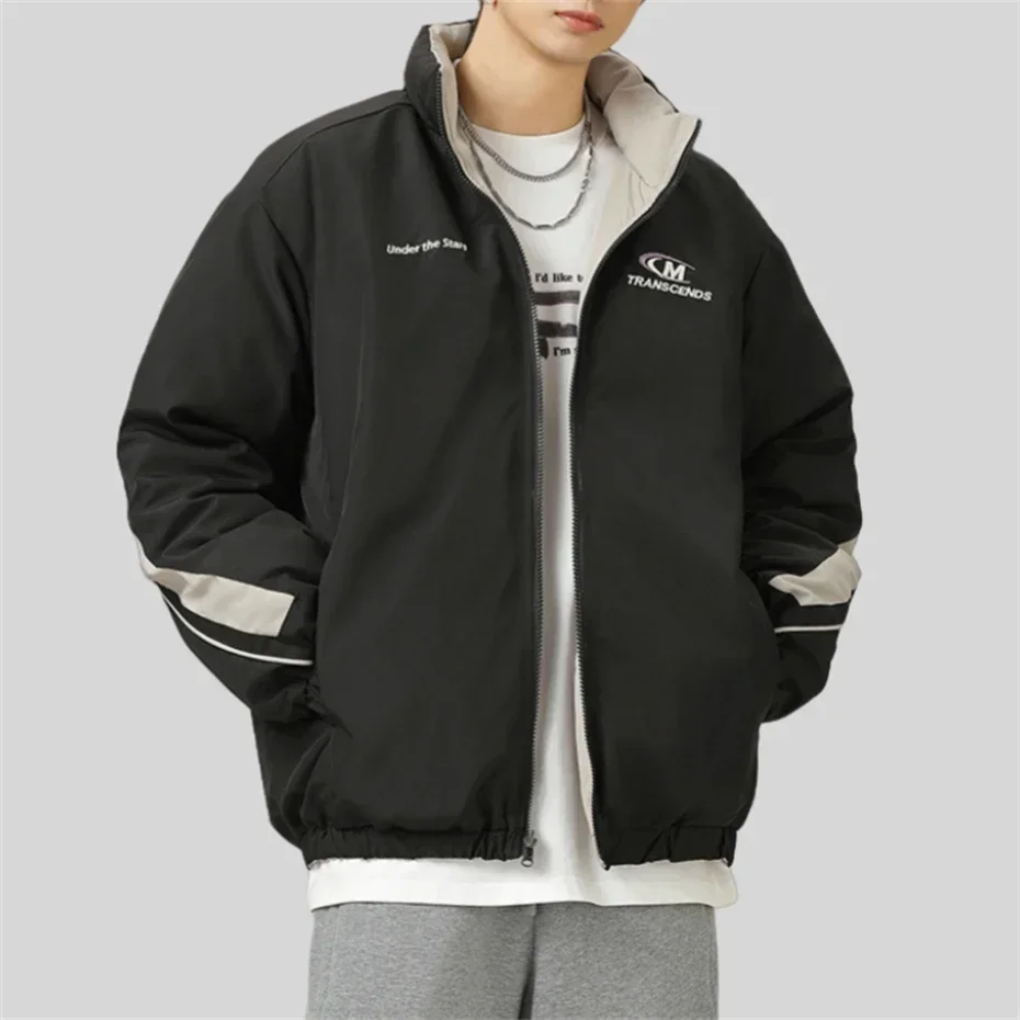 Reversible Striped Puffer Jacket Men Harajuku Parka Bubble Coat Men Oversized Hip Hop Padded Jacket Letter Embroidery Down Coat