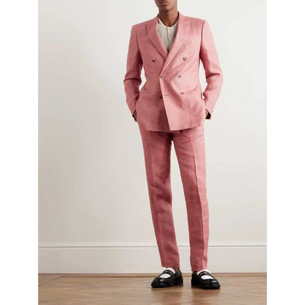 

High Quality Pink Men's Suits Double Breasted 2 Piece Jacket Pants Male Clothing Business Gentleman Slim Fit Elegant Blazers Set