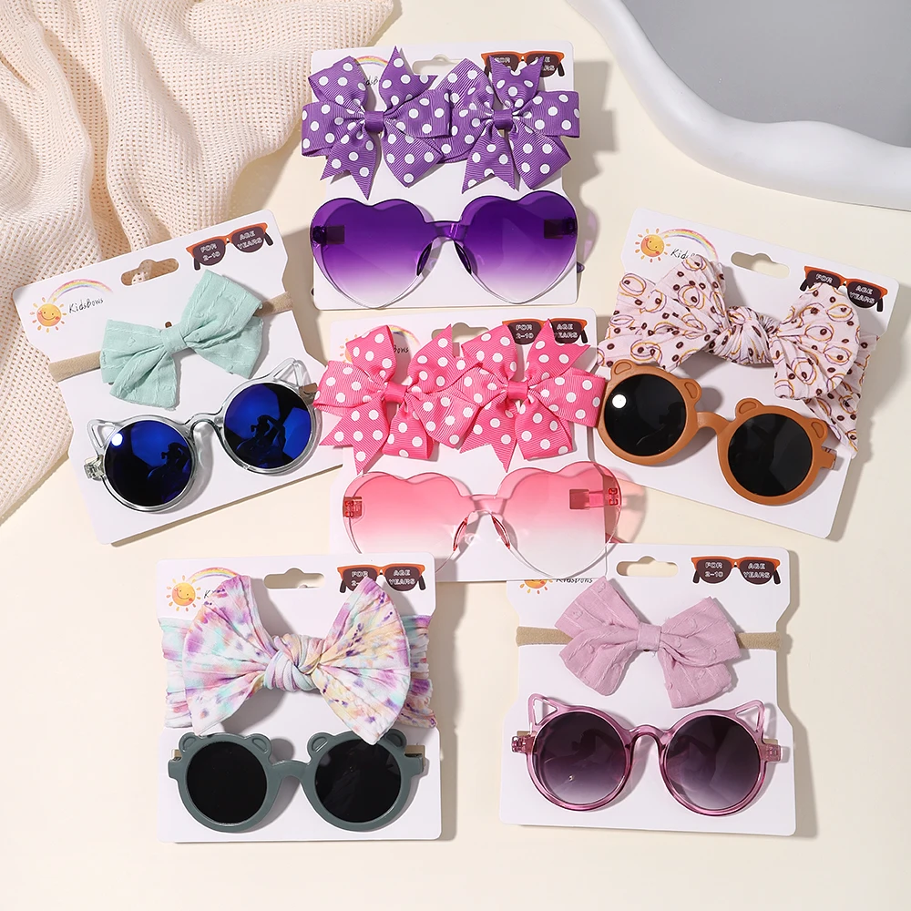 4set Baby Bows Headband Cartoon Sunglasses Girls Beach Photography Props Toddler Headwear Kids Hair Accessories New Year Gift