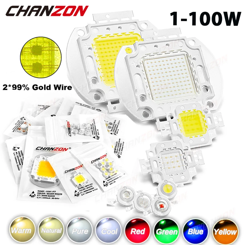 Żarówka LED dużej mocy Chip Bead 1W 3W 5W 10W 20W 30W 50W 100W Ciepła zimna biel Czerwony Zielony Niebieski Żółty RGB Reflektor Smd Dioda