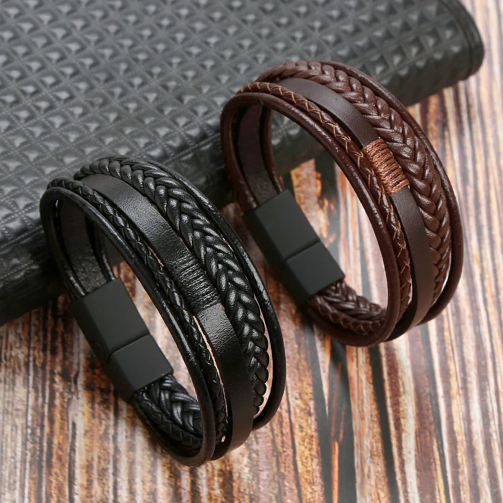 

Vintage Woven Leather Bracelets For Men Multi Layer Magnetic Buckle Punk Style Daily Wear Male Fashion Jewelry Gift