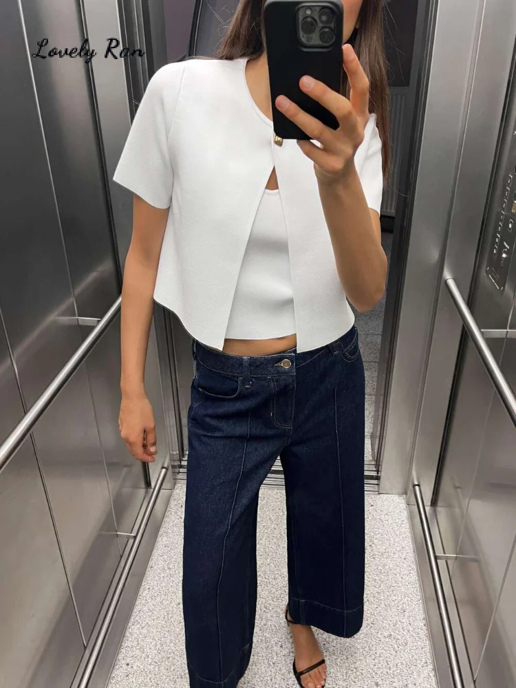 

Single Button Knit Women Sweater Fashion Short Sleeve O-neck Loose Female Cardigan 2024 Autumn Elegant Lady Streetwear Sweaters