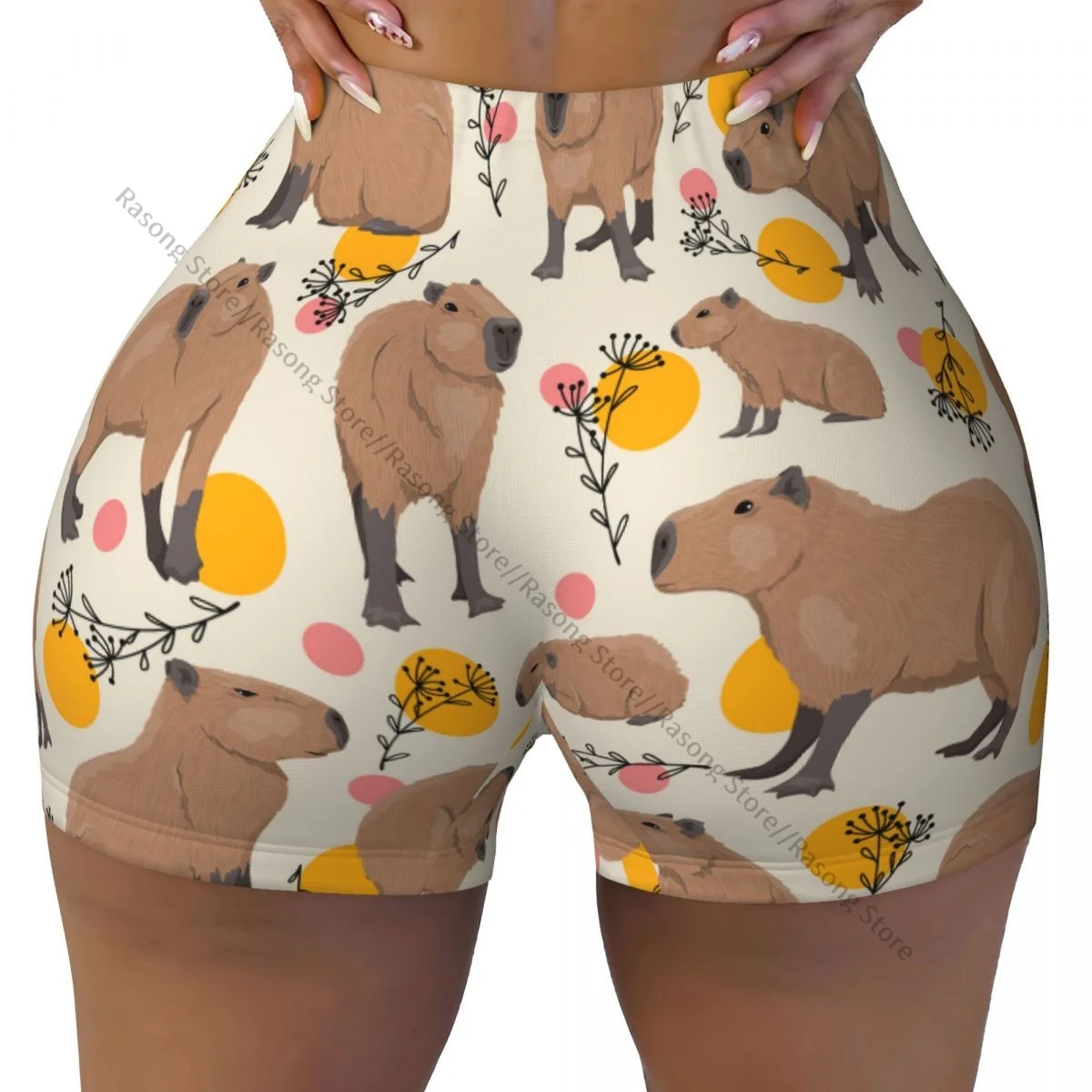 Women's Yoga Shorts Capybaras Plants And Circles Scrunch Booty Butt Lifting Comfort Fitness Gym