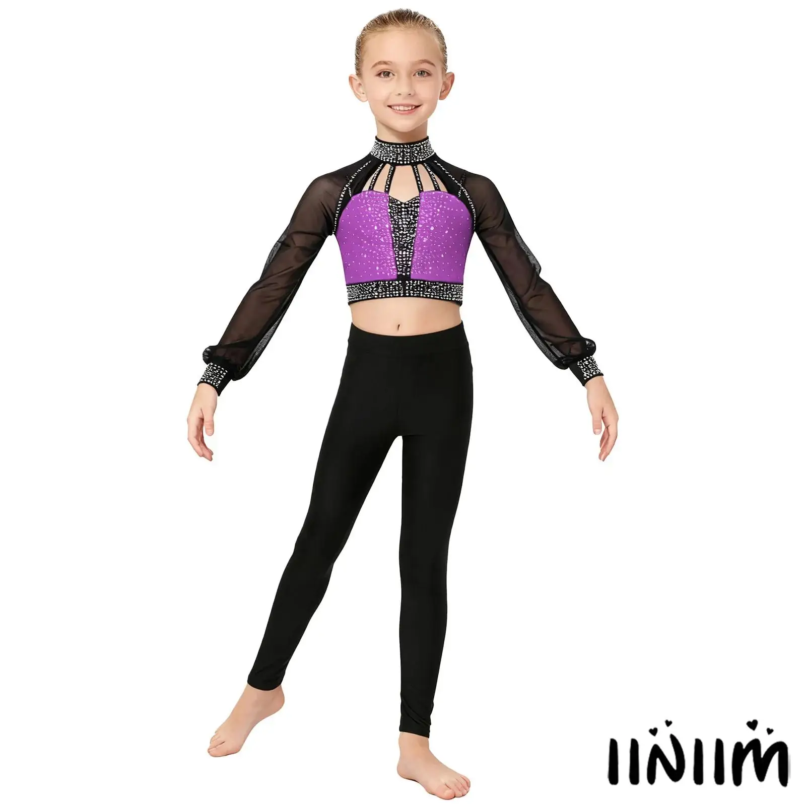 أطفال بنات غنائية الجمباز أزياء رقص طويلة الأكمام انقطاع Strappy لامعة المحاصيل الأعلى طماق لعروض قاعة الرقص الباليه