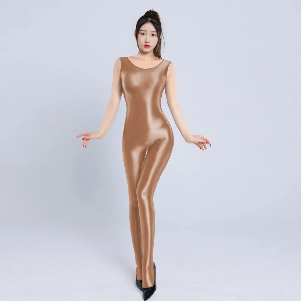 Women's Sleeveless Jumpsuit Gym Shaper Wear Bodysuit High Elastic Oil Shiny Tights Skinny Body Woman Elegant Party Leotard