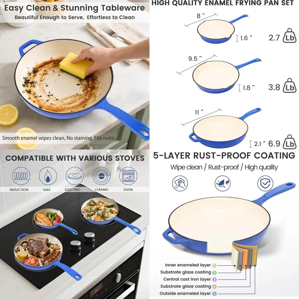 

Набор чугунных сковород с керамическим покрытием, 3 размера, для использования в духовке, без ПТФЭ, для газовых/индукционных/электрических плит, цвет кобальтовый синий