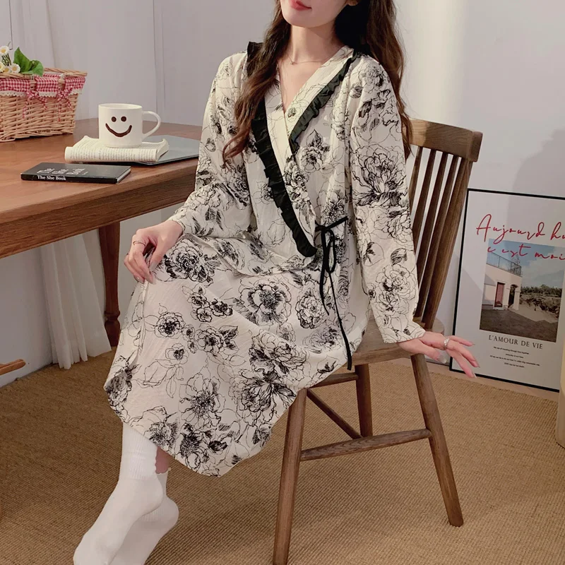 Across V Gauze Cotton Maternity Nursing Night Dress Summer Loose Robe Sleepwear for Pregnant Women Pregnancy Home Hospital Gown