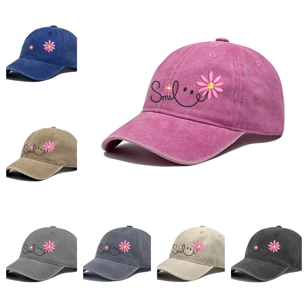 Sweet Daisy Flower Smile Embroidery Washed Cotton Hat Novelty Gift Vintage Distressed Casual Daily Sun Hat For Girls 260604
