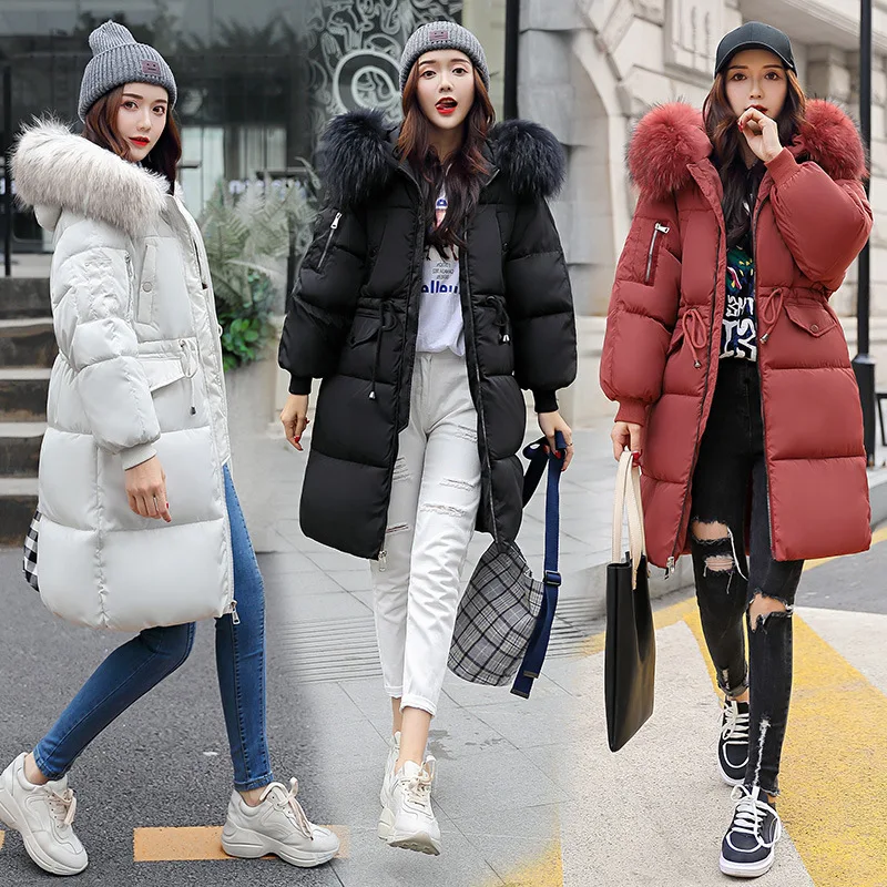 Winter Women Clothing Puffer Jacket Parkas Mid-length Cotton-padded Jacket Warm Thick Hooded Fur Collar Cold Coat Chic Outerwear