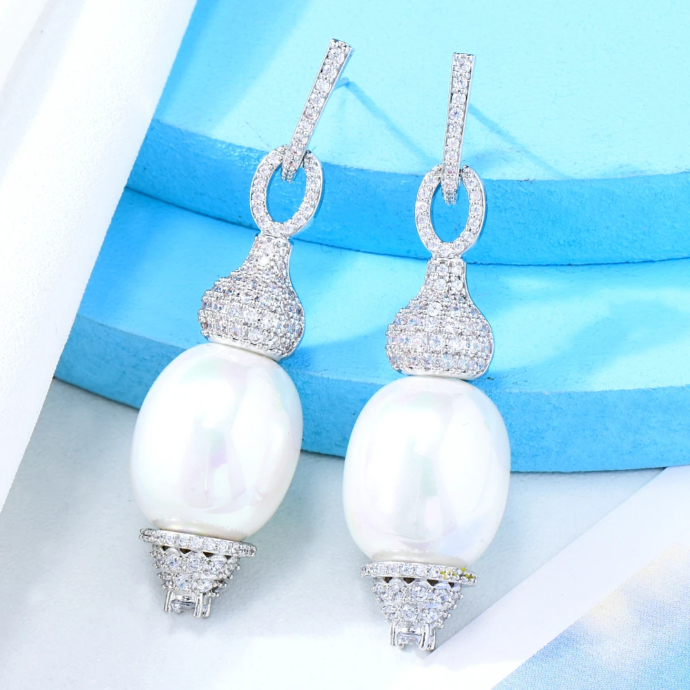 

GODKI Vintage Royal Pearl FlowersStatement Dangle Earrings For Women Wedding Cubic Zircon DUBAI Bridal Round Circle Earring