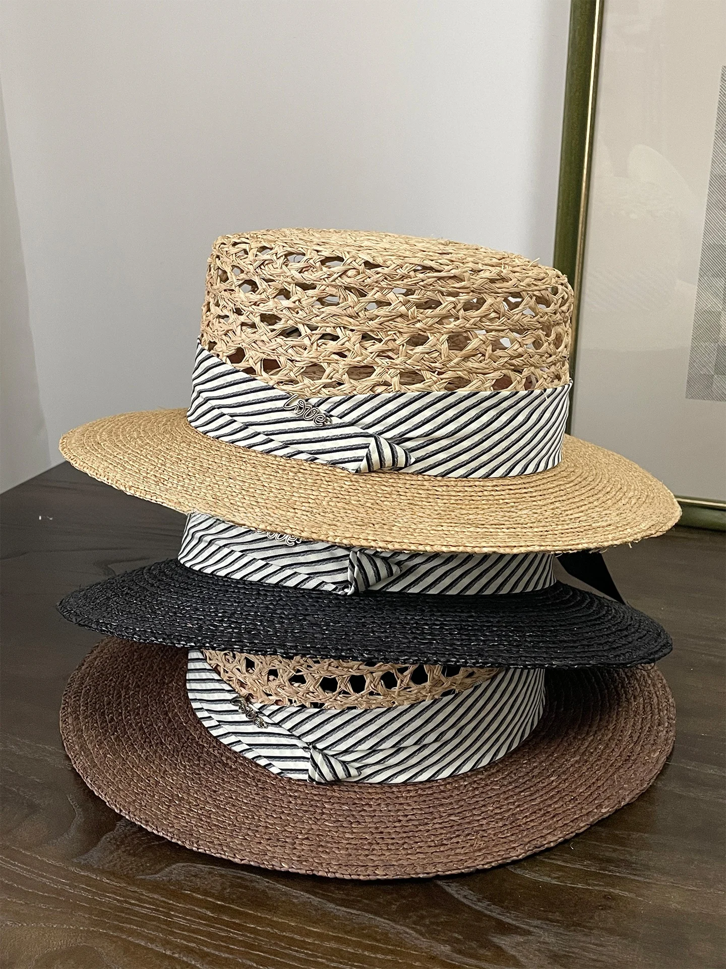 elegant-british-style-women's-straw-hat-summer-vacation-outing-hollow-out-laffey-grass-flat-top-sunshade-hat-with-stripe-pattern