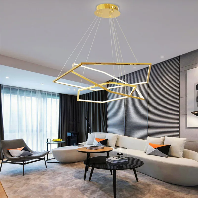 

Luxury Gold Hexagon Rings Chandelier Lighting Modern Hanging Light Stainless Steel LED Pendant Lamp for Living Room Hotel