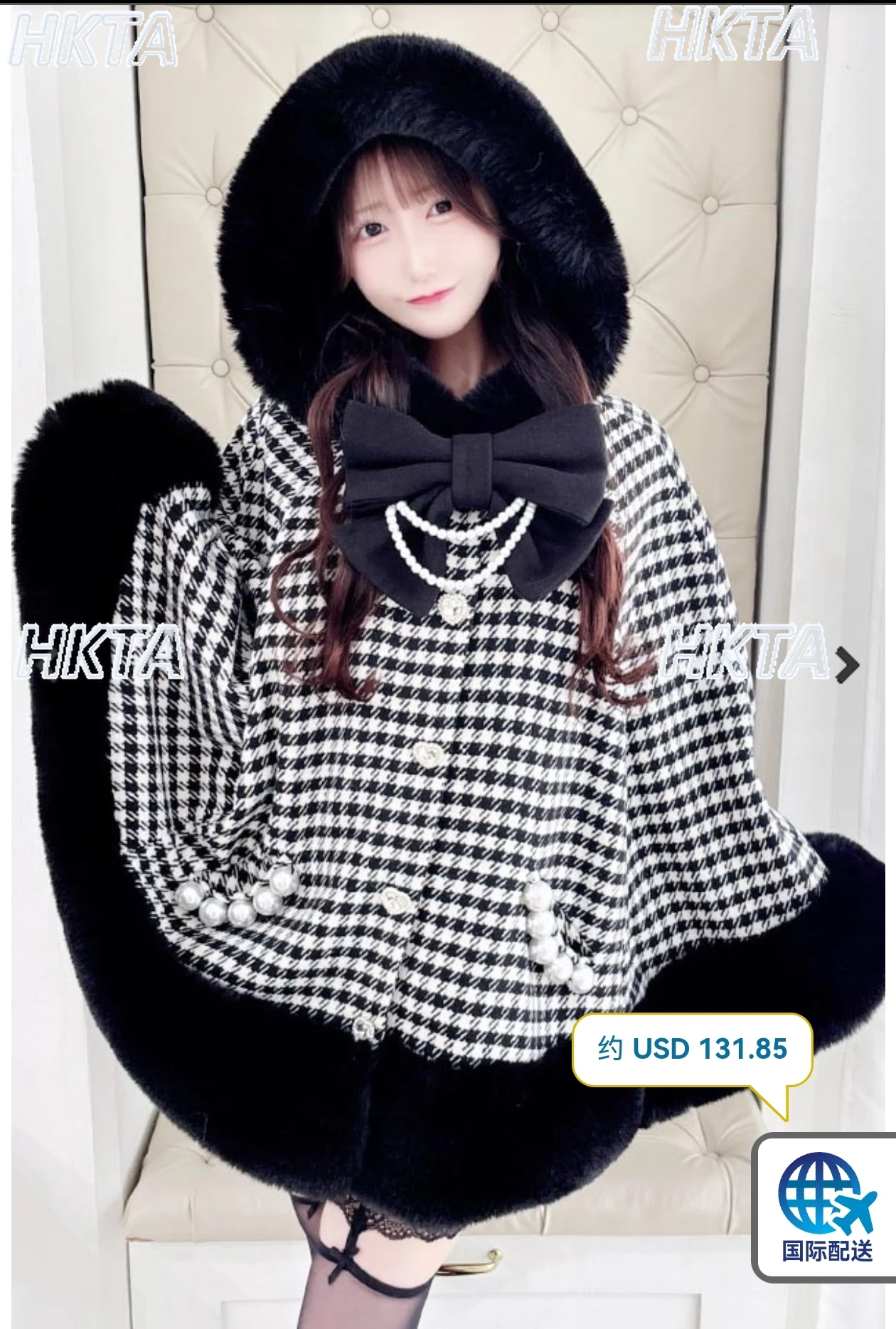 

Японская зимняя новая теплая великолепная элегантная темпераментная накидка с милым бантом и жемчугом, плюшевая накидка с капюшоном, женская милая шерстяная куртка