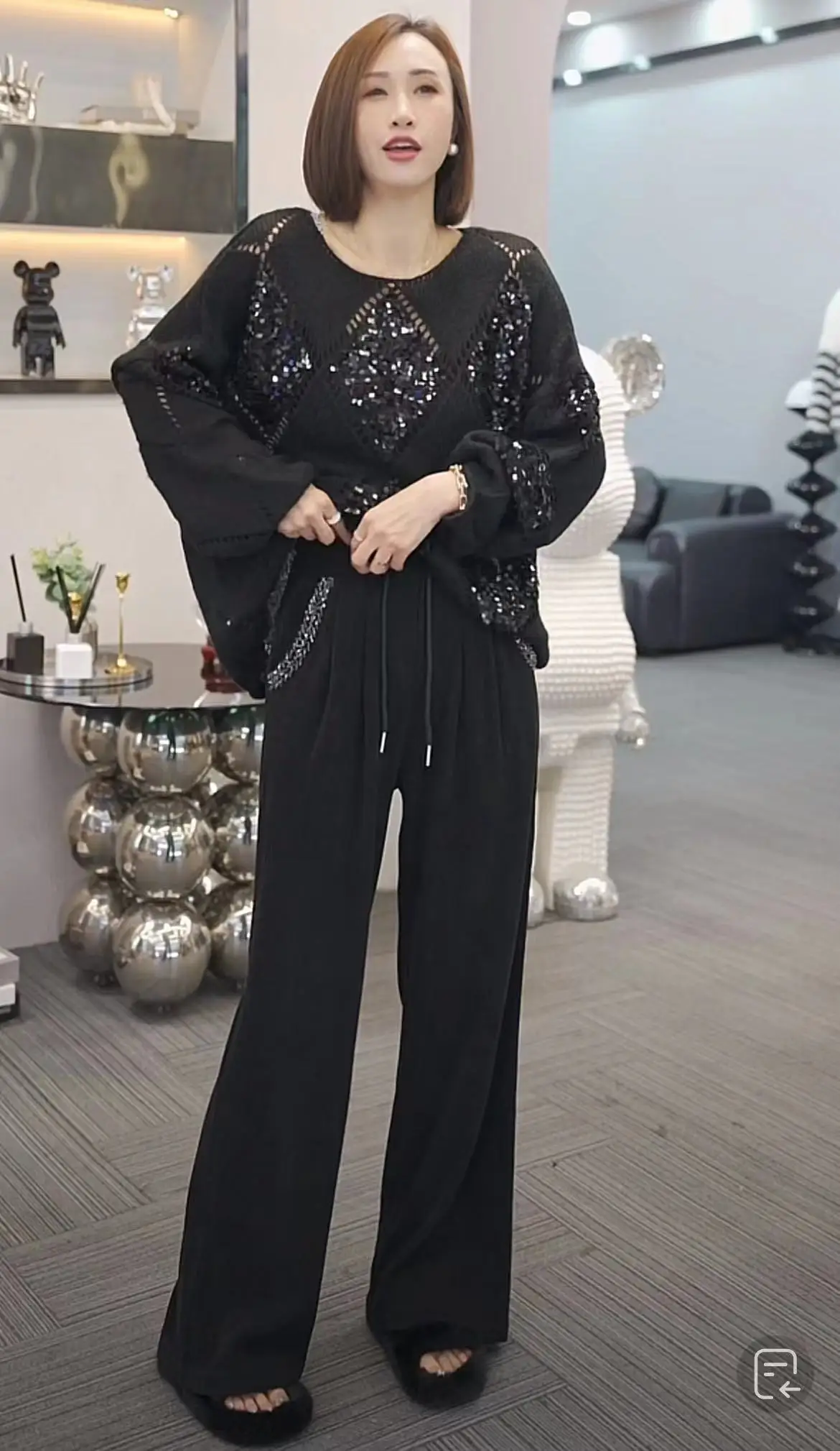 بنطلون نسائي واسع الساق بخصر مرتفع للربيع والخريف، رقيق وعملي، طويل، بنمط الماس، سترة صغيرة الحجم مع تطريز دائري...