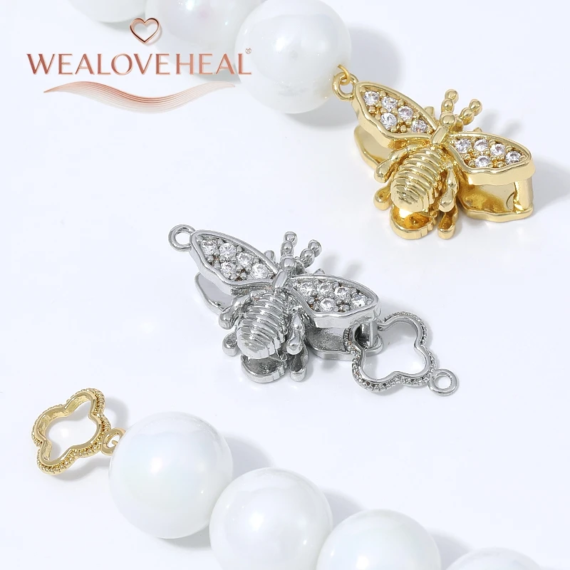 armband verschluss, 1/2 Stück 18K vergoldeter Messing-Bienenverschluss, Micro-Pavé-CZ-Honigbienen-Druckverschluss mit Kleeblatt-Endstück für Perlenarbeiten DIY Schmuckzubehör – Detail 15