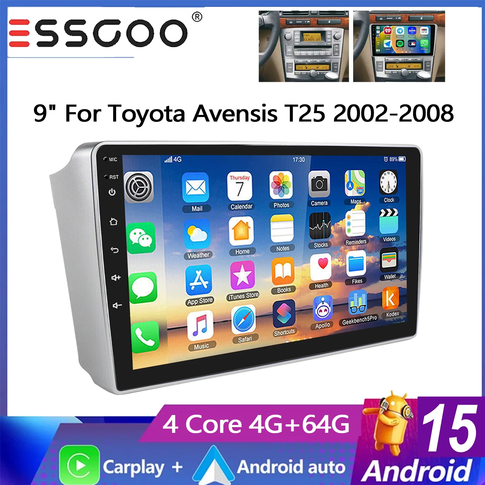ESSGOO 9-Zoll Android 15 4+64G GPS-Navigation für Toyota Avensis T25 2002-2008 Autoradio mit Wireless Carplay, Android Auto, FM, Bluetooth, RDS, SWC, Wifi, ASP, Mirror Link, IPS Touchscreen,