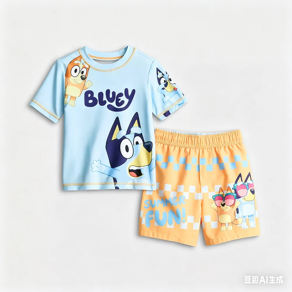 

Summer New Hot Bluey Comfortable Leisure 2- Piece Blue Tee Shorts Leisure Suit Parent-Child Clothing Kid/Adults Sports