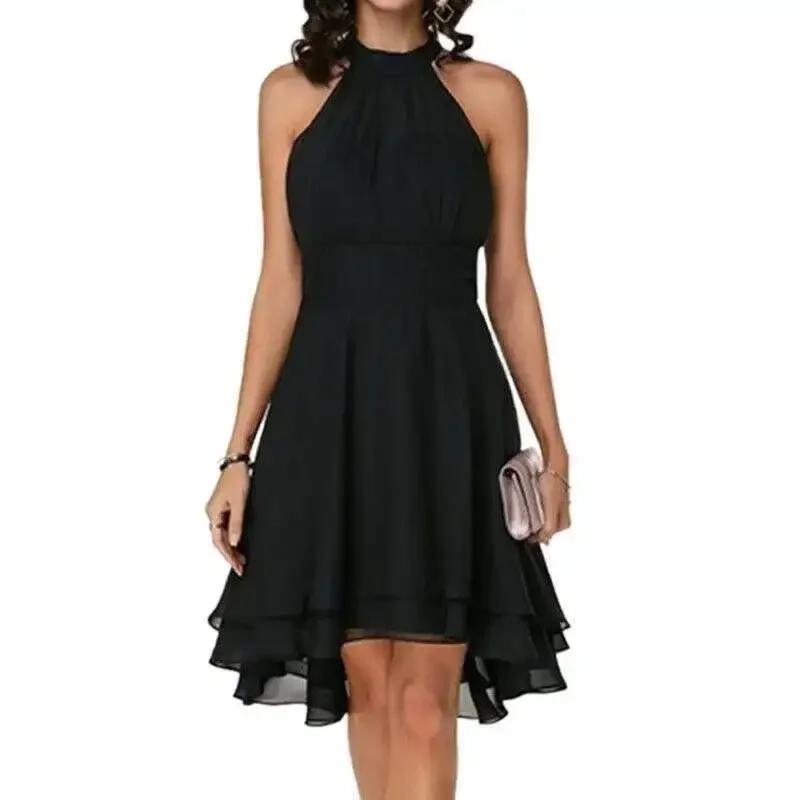 Women Elegant Dress Summer Solid High Waist Halter Sleeveless Midi Dresses Ladies Cropped Layered Chiffon Party Slim Dresses