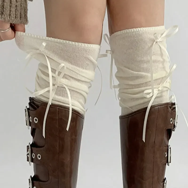 Lolita Long Socks Women Bandage Ribbon Bow Sweet Girls Kawaii Sexy Middle Tube Socks Ballet Style Solid Color Black White Socks image 2