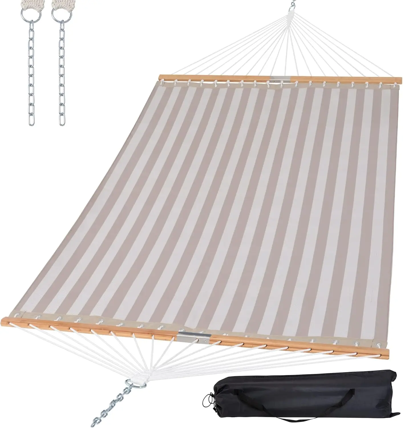 

14 FT Quick Dry Double Hammock with Spreader Bar, 2 Person Outdoor Patio Yard Poolside, 450 lbs Capacity, Light Gray Stripes